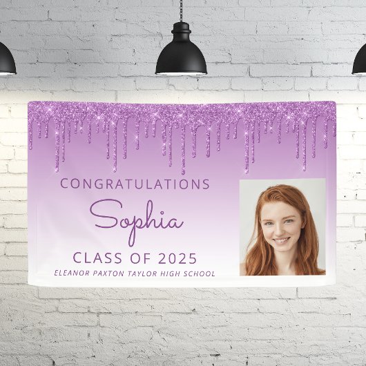 2026 Foto Paarse Glitter Drip Afstuderen Spandoek