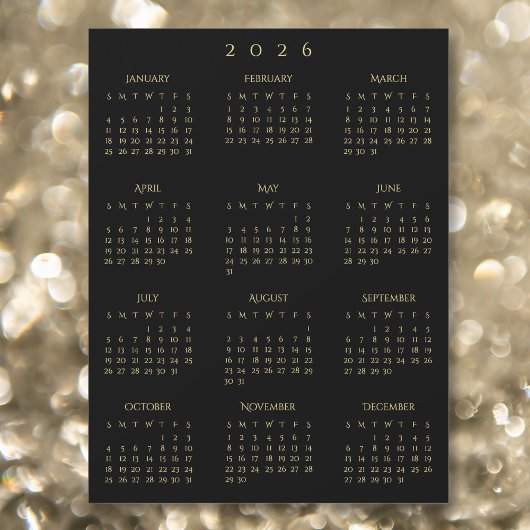 2026 Full Year Black Gold Yearly Calendar Magnet