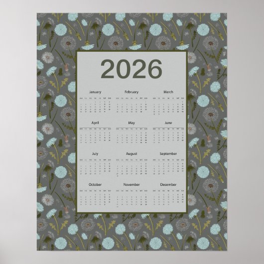 2026 Full Year Calendar Gray Blue Dandelion Poster (Voorkant)