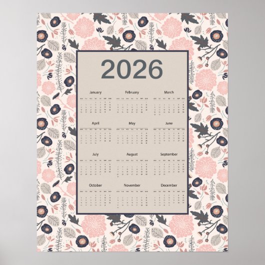 2026 Full Year Calendar Pink Gray Botanical Poster (Voorkant)