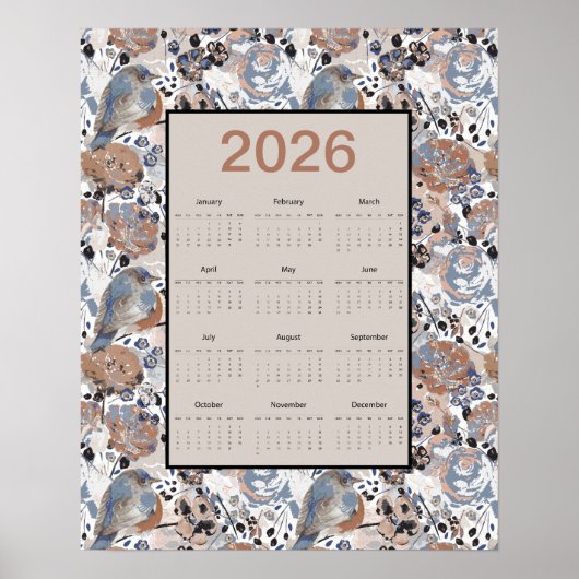 2026 Full Year Floral Bluebird Calendar Poster (Voorkant)