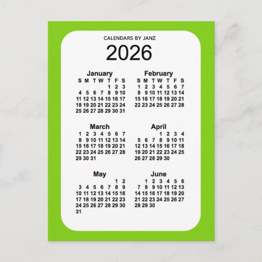 2026 Geel Groen 6-maandenlang mini-kalender door J Briefkaart (Voorkant)