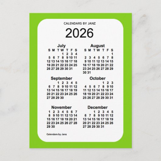 2026 Geel Groen 6-maandenlang mini-kalender door J Briefkaart (Voorkant)