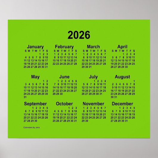 2026 Geel Groen Kalender van Janz Print (Voorkant)