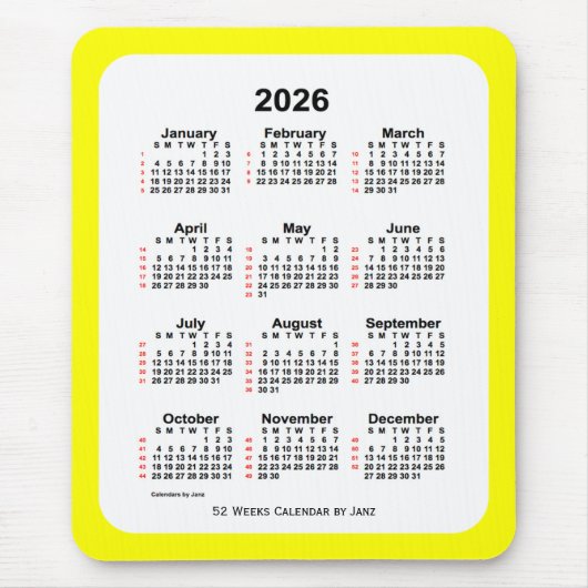 2026 Geel Twee Toon 52 Week Agenda van Janz Muismat (Voorkant)