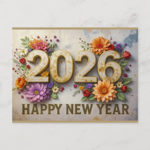 2026 Gelukkig Nieuwjaar Elegante Moderne Bloemen Briefkaart