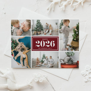 2026 Gelukkig Nieuwjaar Fotocollage Burgundy Feestdagenkaart