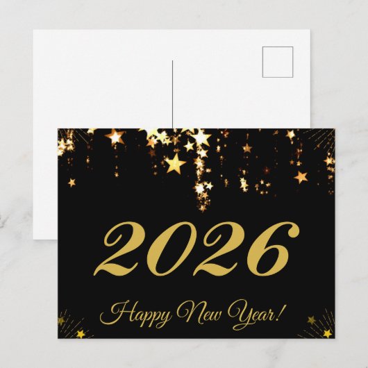 2026, Gelukkig Nieuwjaar!gouden sterren & zwarte a Briefkaart (Voorkant / Achterkant)