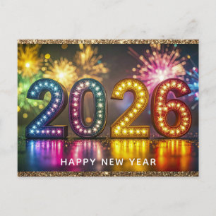 2026 Gelukkig Nieuwjaar Moderne Vuurwerk Glitters Briefkaart