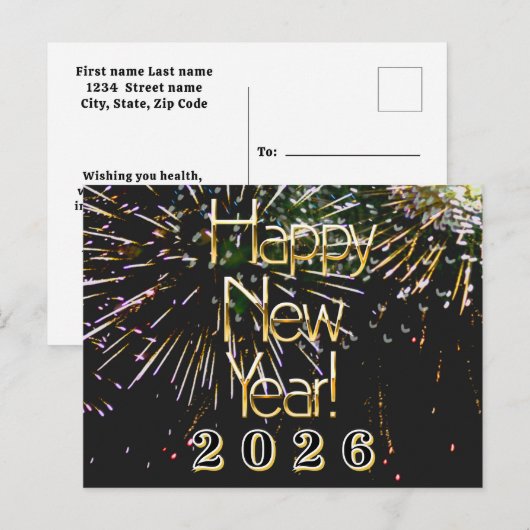 2026, Gelukkige nieuwjaarsvakantie Vuurwerk Vrolij Briefkaart (Voorkant / Achterkant)