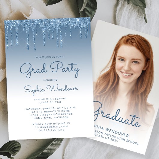 2026 Glam Blauw Glitter Drip Foto Afstuderen Kaart