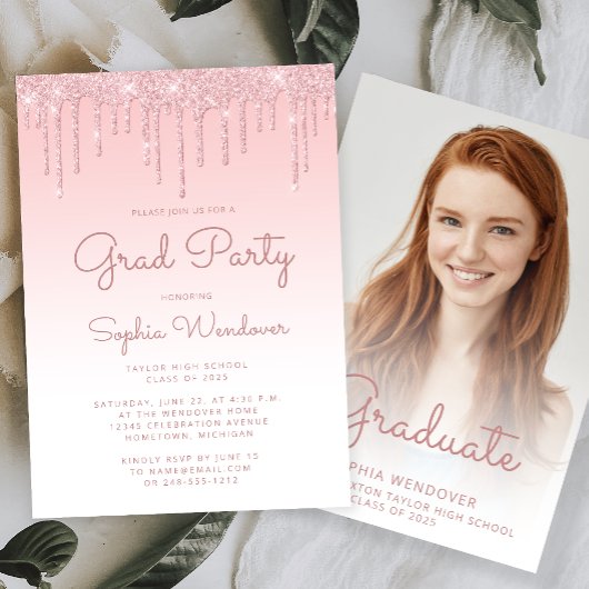 2026 Glam Blush Roze Glitter Drip Foto Afstuderen Kaart