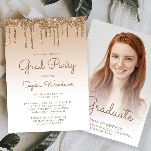 2026 Glam Goud Glitter Drip Foto Afstuderen Kaart