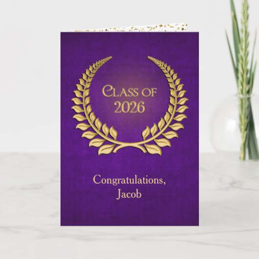 2026 Gold Graduation Laurel Wreath On Purple Kaart (Voorkant)