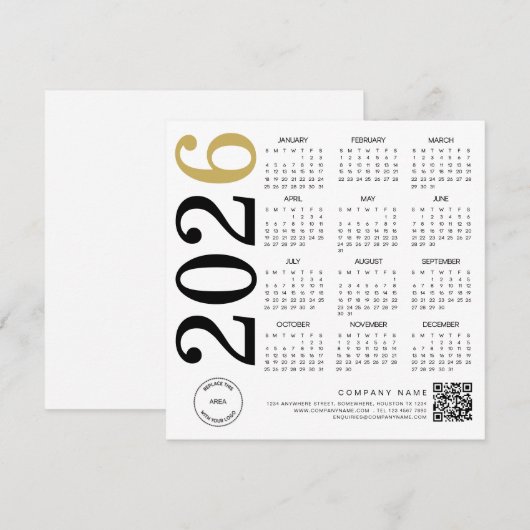 2026 Gold White Calendar Logo QR Code Zakelijk Feestdagenkaart (Voorkant / Achterkant)