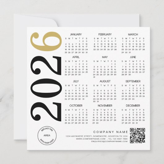 2026 Gold White Calendar Logo QR Code Zakelijk Feestdagenkaart (Voorkant)