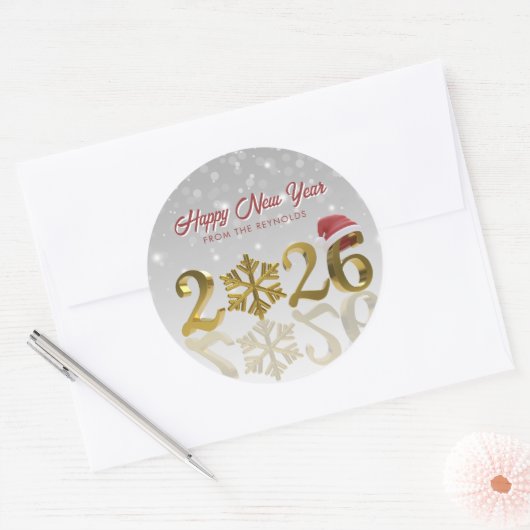2026 Golden New Year with Snowflake and Santa Hat Ronde Sticker (Envelop)