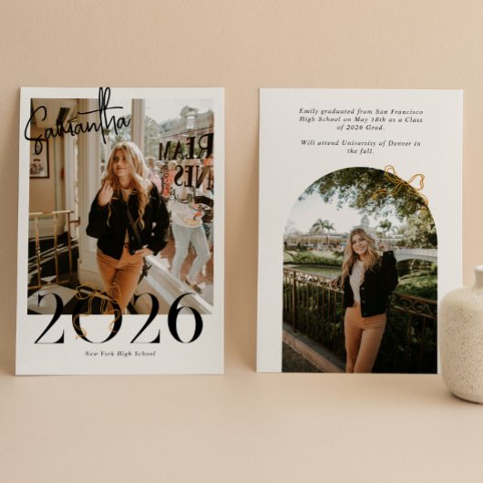 2026 Gouden Coquette Strik Foto Afstuderen Aankondiging