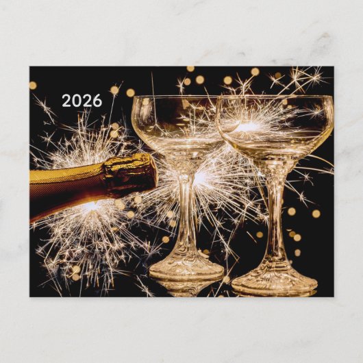 2026 Gouden/Zwarte Champagneglazen Feestdagenkaart (Voorkant)