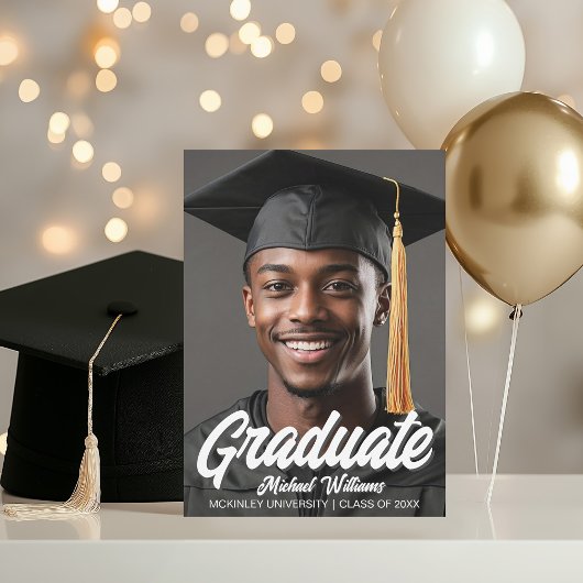 2026 Graduate Photo Bold White Script Graduation Aankondiging