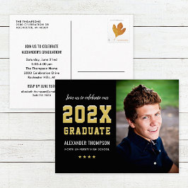 2026 Graduate Zwart Gouden Verjaardagsfeest Foto Uitnodiging Briefkaart
