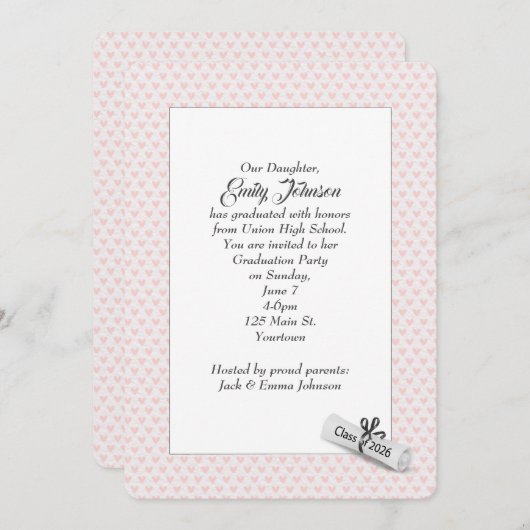2026 Graduation Diploma on Pink Hearts Kaart (Voorkant / Achterkant)