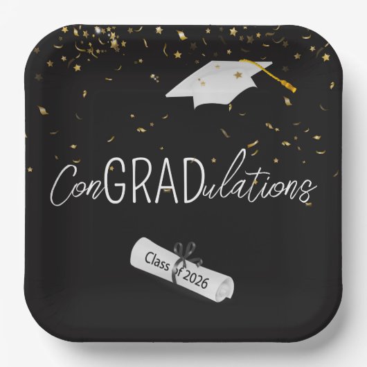 2026 Graduation Gold Confetti and Cap Papieren Bordje (Voorkant)