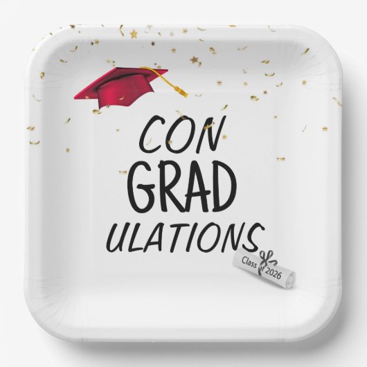 2026 Graduation Gold Confetti and Red Cap Papieren Bordje (Voorkant)