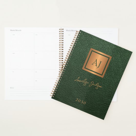 2026 Green gold monogrammed script name elegant Planner (Display)