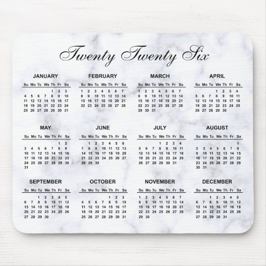 2026 Grijs en wit marmeren kalender Muismat (Voorkant)