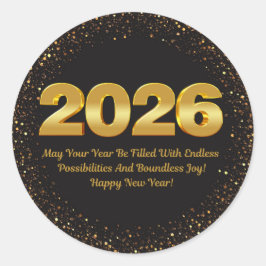 2026 happy new year, black gold glitters modern ronde sticker