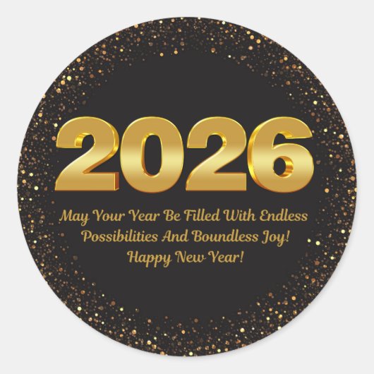 2026 happy new year, black gold glitters modern ronde sticker (Voorkant)