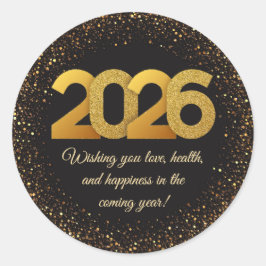 2026 happy new year, black gold glitters modern  ronde sticker