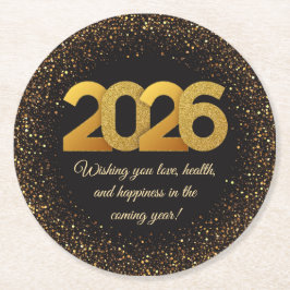 2026 happy new year, black gold glitters stylish ronde kartonnen onderzetter