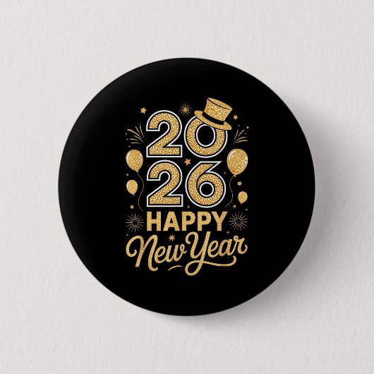 2026 Happy New Year Festive Top Hat Balloon Firewo Ronde Button 5,7 Cm (Voorkant)