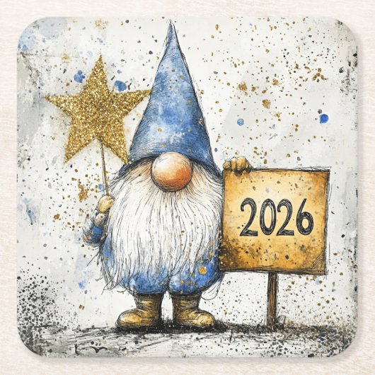2026, Happy New Year, gnome, Kartonnen Onderzetters (Voorkant)