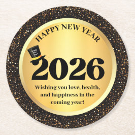 2026 happy new year, gold black sparkles chic ronde kartonnen onderzetter