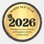 2026 happy new year, gold black sparkles ronde sticker (Voorkant)