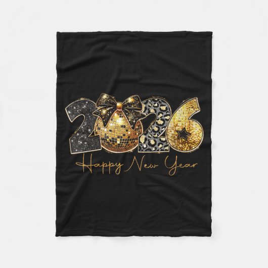 2026 Happy New Year Gold Disco Leopard Bow Coquett Fleece Deken (Voorkant)