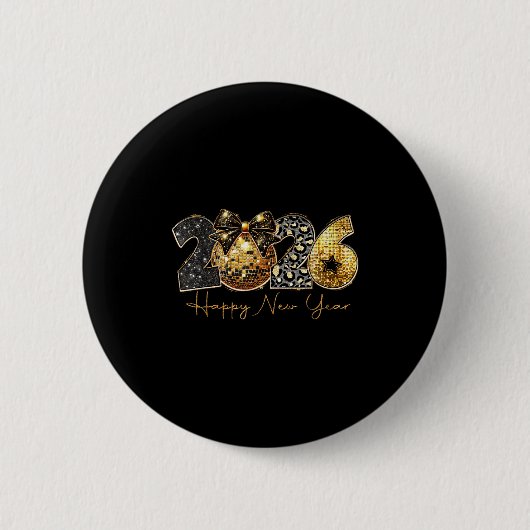 2026 Happy New Year Gold Disco Leopard Bow Coquett Ronde Button 5,7 Cm (Voorkant)