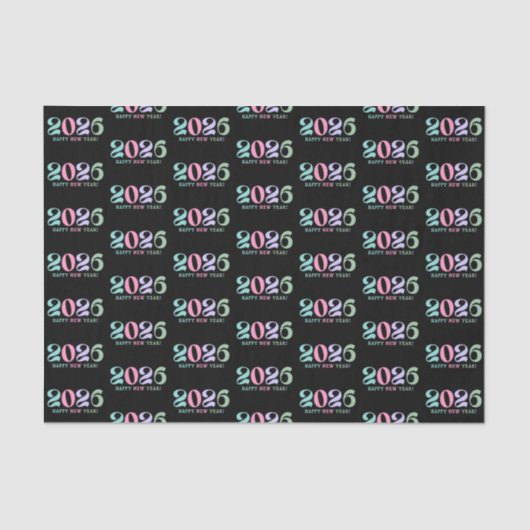 2026 happy new year, retro pastel pattern black tissuepapier (Voorkant)