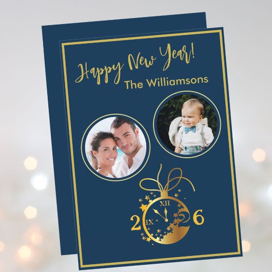 2026 Happy New Year's 2 Photo Clock Card Kaart