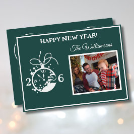 2026 Happy New Year's 4 Photo Clock Card Kaart