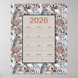 2026 Hele Jaar Bloemige Blauwe Vogel Kalender Poster