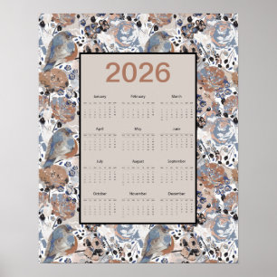 2026 Hele Jaar Bloemige Blauwe Vogel Kalender Poster