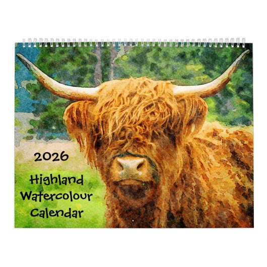 2026 Highland Cow Cattle Cute Watercolor Paintings Kalender (Hoes)