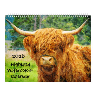 2026 Highland Koe Rundvee Schattige Aquarel Schild Kalender