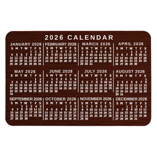 2026 Jaar Maandkalender Bruin Houtstructuur Eenvou Magneet (Horizontaal)