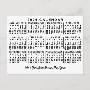 2026 Jaar Maandkalender Klassiek Wit en Zwart Briefkaart