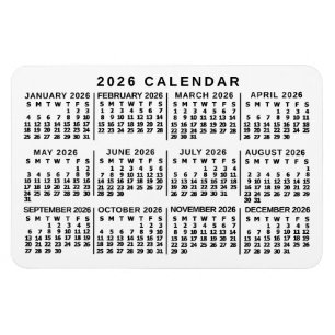 2026 Jaar Maandkalender Klassiek Wit en Zwart Magneet
